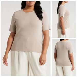 🔸️NWT Tahari Beige Ribbed Boatneck Elbow Sleeve Sweater Top Small